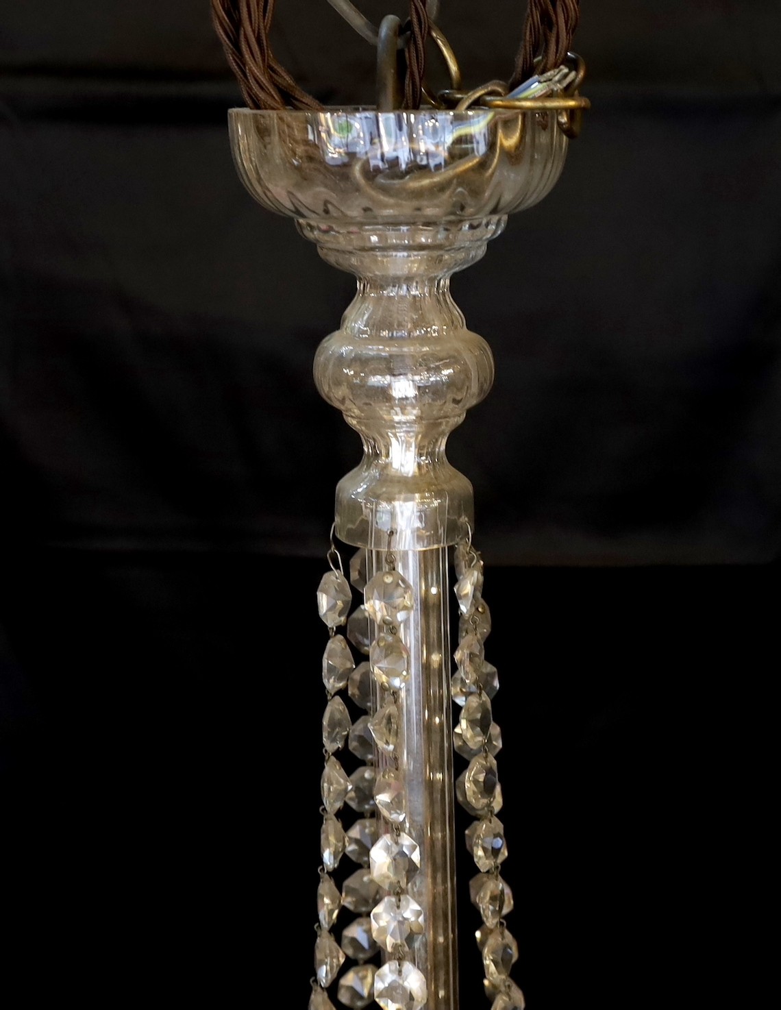 A 1920s-30s English cut glass bag chandelier hung with octagonal beaded drops, drop 76cm